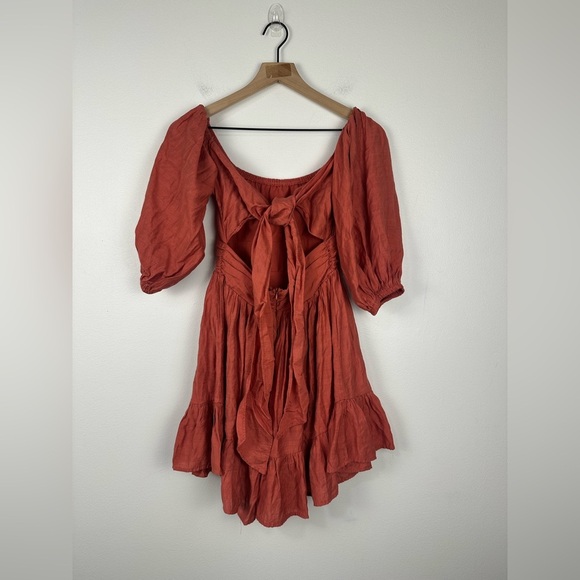 Hello Molly Ruched Ruffle Tie Back Flowy Mini Dress Women’s Sz S - Picture 2 of 9